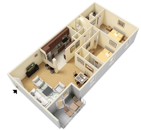Floor plan for 2 beds, 1 bath, 1100 sqft